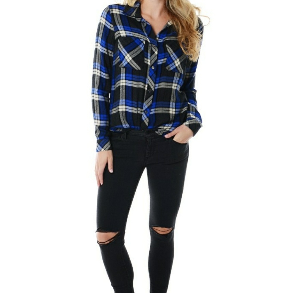 Bella Dahl cobalt plaid shirt